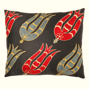 Black, Blue, and Red Floral  Suzani Pillow with Firat Blue Ikat Back