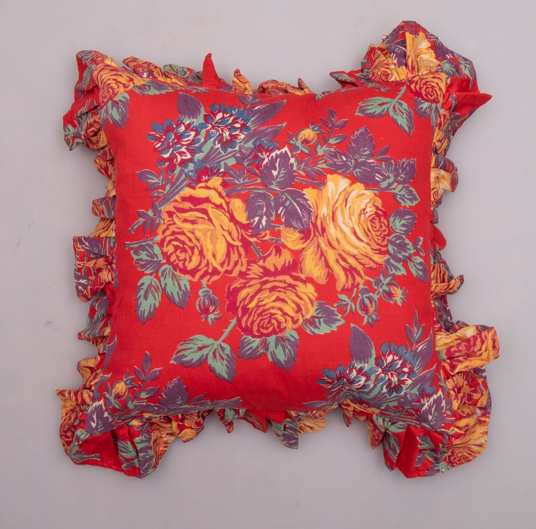 Red, Gold, and Aubergine Roller Cloth Ruffle Pillows