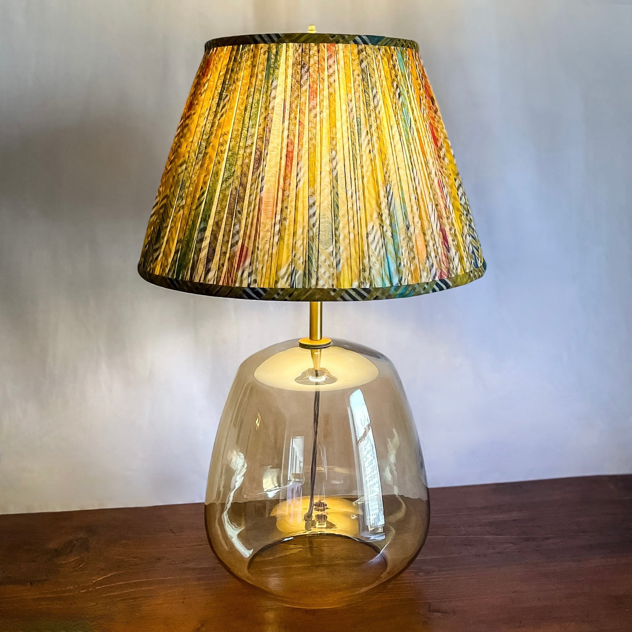 Tan & Multicolored Antique Leharia Lampshade lights on