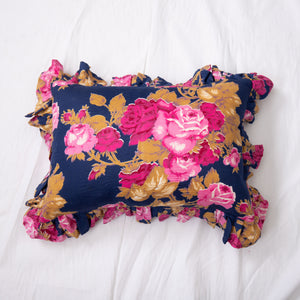 Navy and Pink Roller Cloth Ruffle Lumbar Pillow